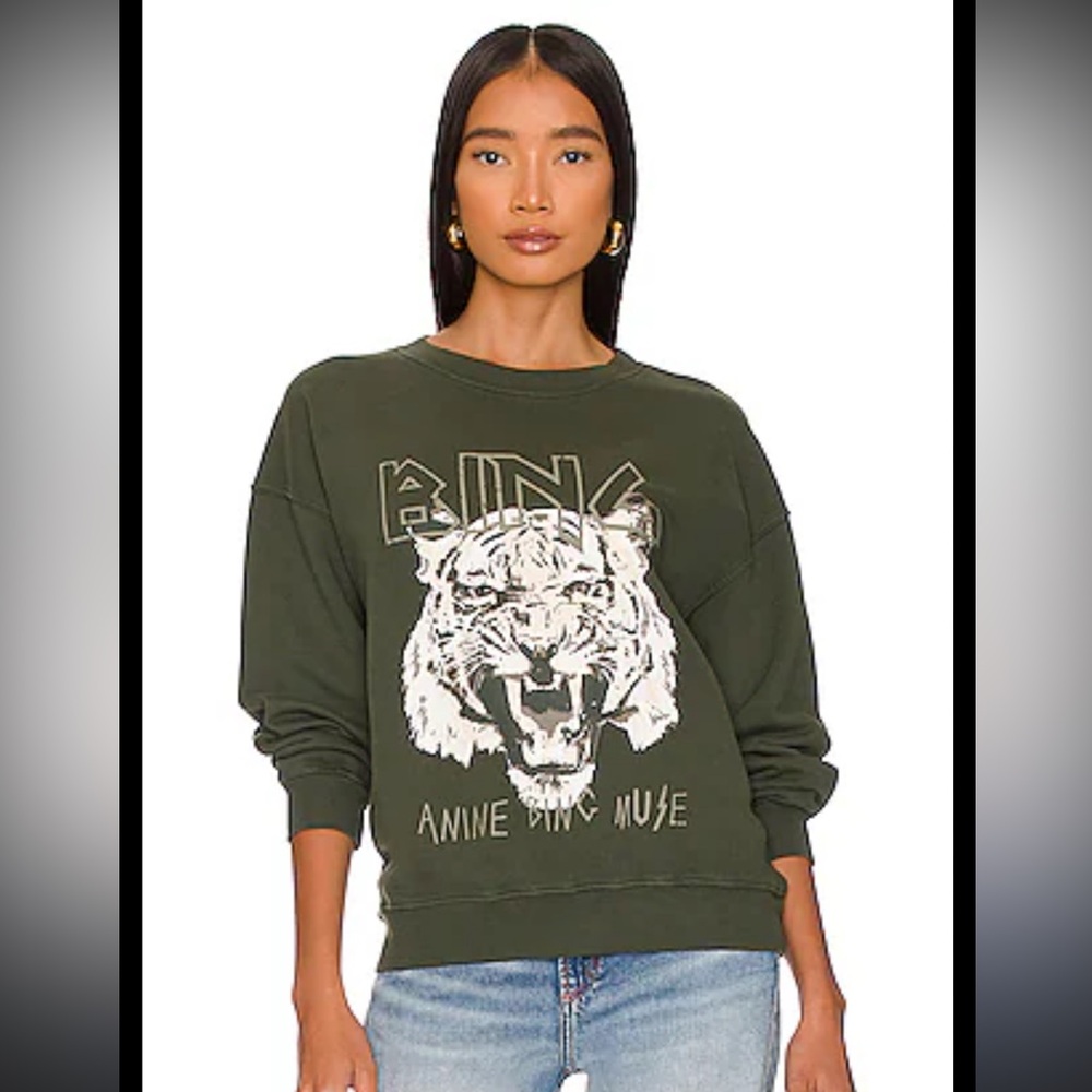 Anine Bing Olive Green Tiger Graphic Crewneck Sweatshirt